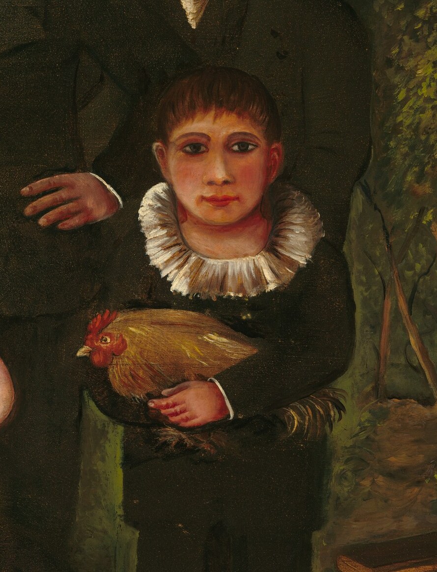 He holds a live chicken, a symbol of domesticity and perhaps fertility, connecting him to the family's agricultural life.