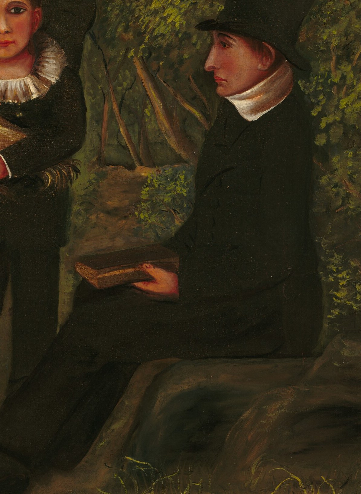 The father, Abraham Clark, sits holding a book.