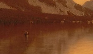 The transition from dark solid mass to glowing reflection is abrupt here , the one hard edge in a painting that otherwise dissolves every boundary