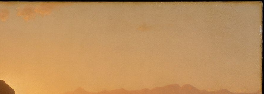 The true subject of the painting , Gifford's luminist atmosphere dissolves solid form into warm radiance, making light itself the protagonist rather than any object
