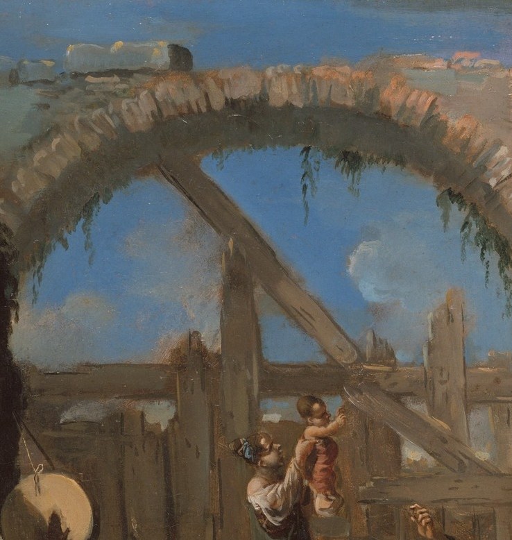 Classical arches decay behind them.