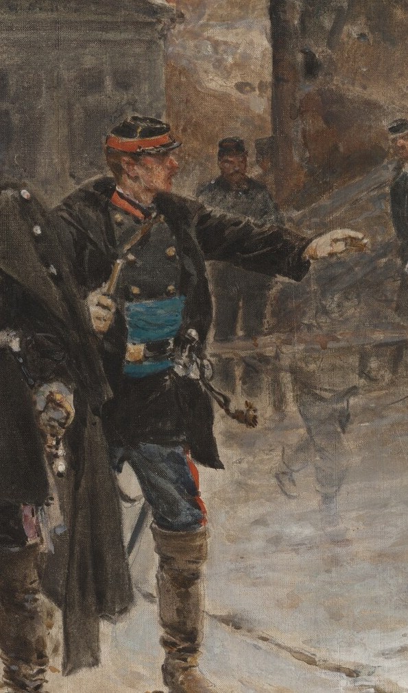 This soldier holds the central symbol of truce.