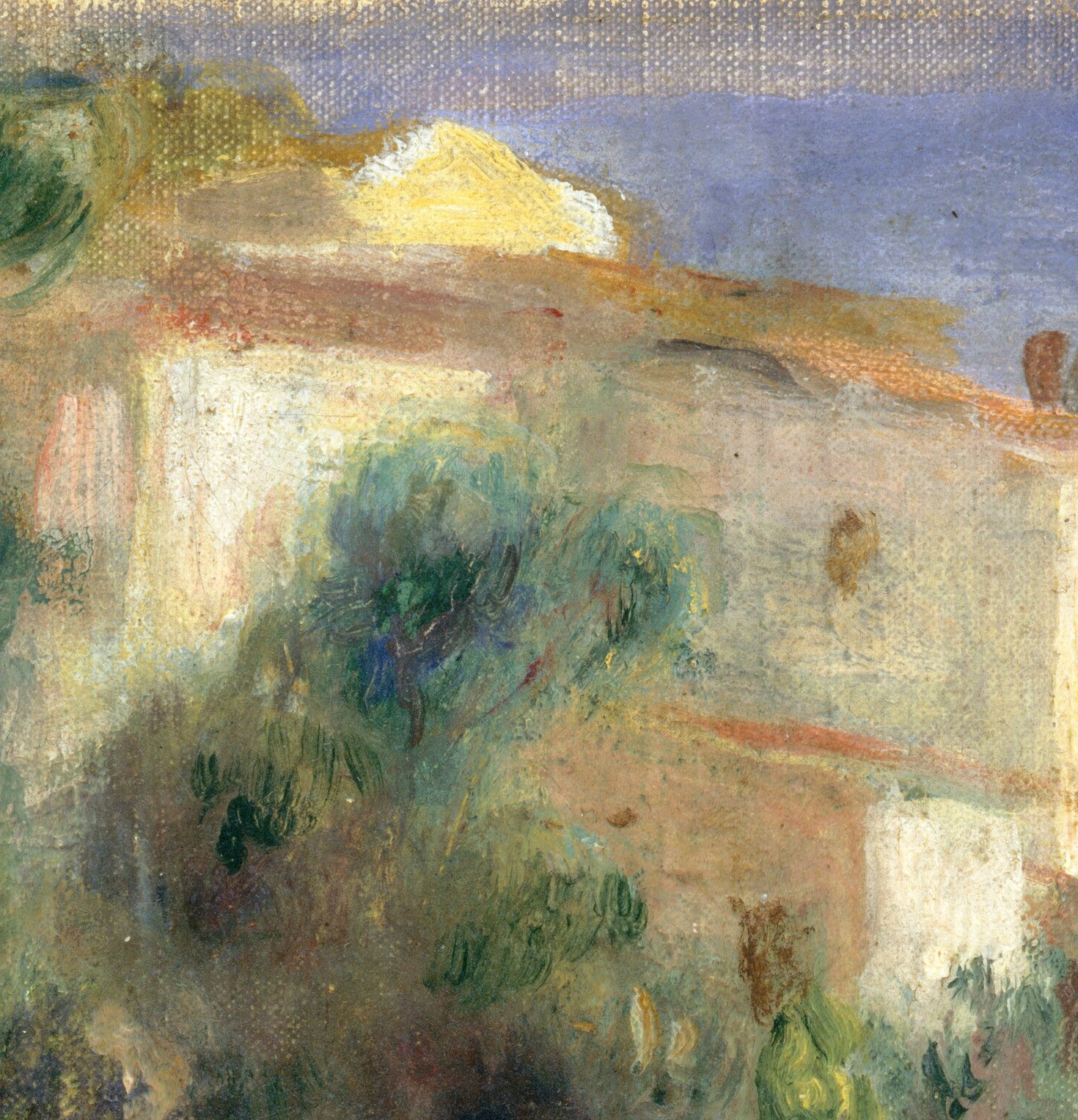Renoir's primary structural device , thick dabs of green, yellow-green and blue-green layer up into an almost sculptural mass, demonstrating his late impasto technique at its most physical