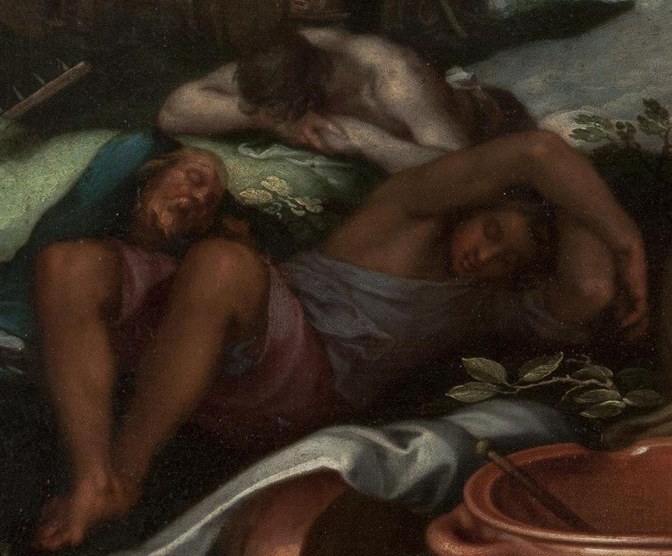 His relaxed posture and the draped fabric suggest a deep, perhaps oblivious, sleep.
