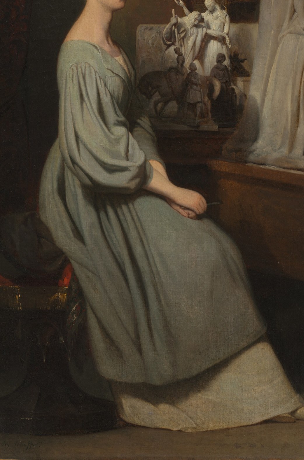 An unpretentious working studio dress whose muted colour and sculptural drapery frame the princess as artist first, aristocrat second; Scheffer renders the cloth with quiet technical pride.