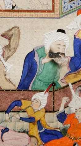 His expression and posture suggest wisdom or authority, possibly a witness or participant in the central conflict.