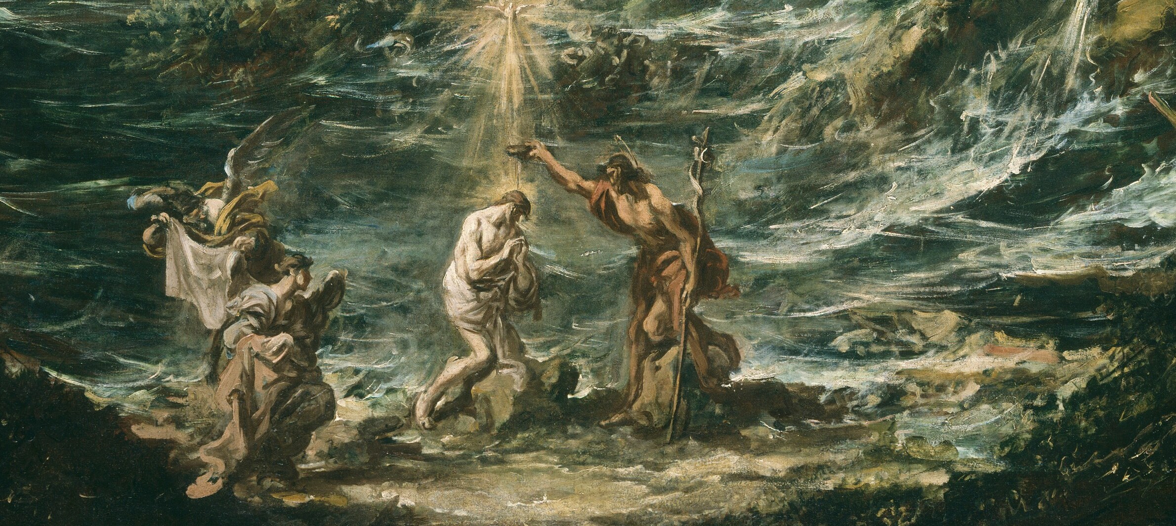 Magnasco renders the river with agitated brushwork rather than calm stillness, charging the baptism with elemental drama unusual for the subject.