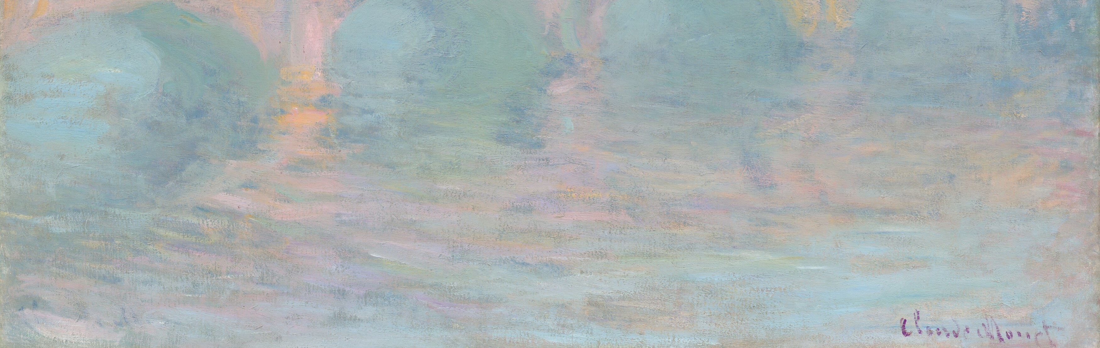 Thick horizontal and vertical strokes in mauve, peach, and grey; the water reads simultaneously as solid pigment and liquid shimmer , a showcase of Monet's touch.