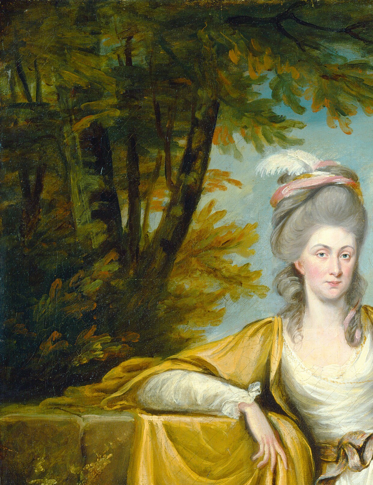 Its dense foliage creates a sense of enclosure and depth, framing the sitter.