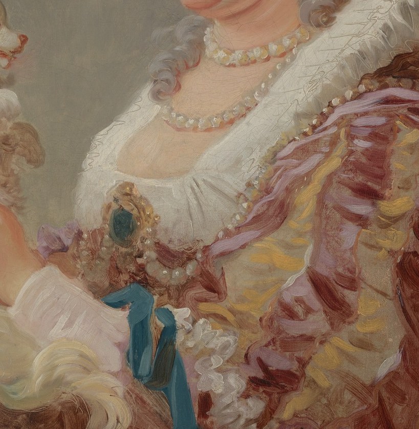 The dog , likely a Bichon Frisé , was a fashionable accessory symbolizing pampered leisure and fidelity; its white fur echoes the collar and reinforces the painting's warm intimacy.
