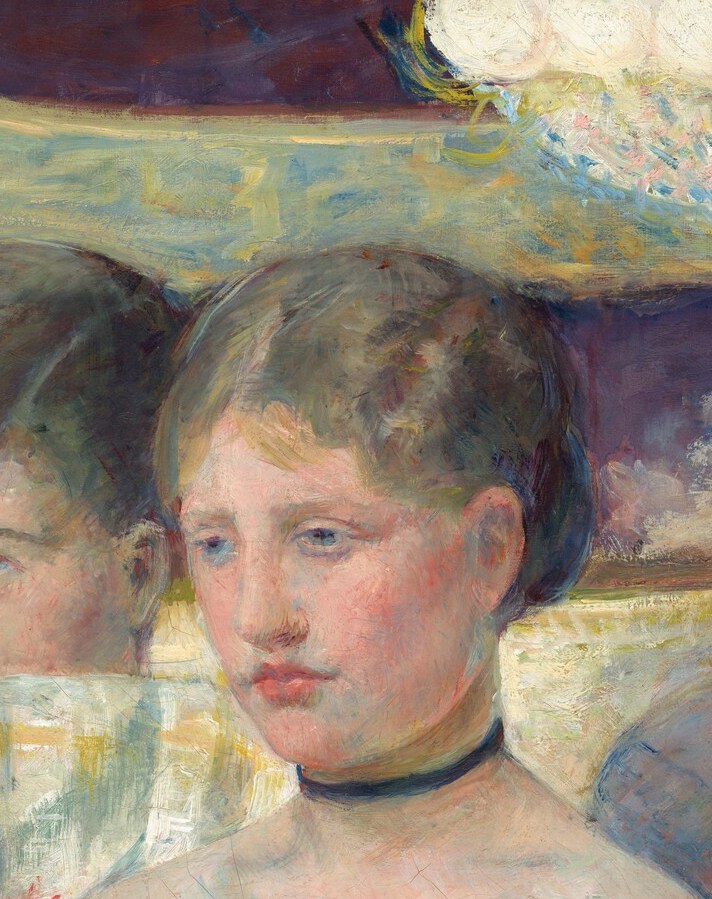 Her steady, self-possessed gaze directly at the viewer is the emotional core of the painting , unusually assertive for a woman in public in this era.