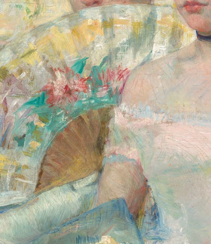 The fan, painted with loose floral motifs, was also a social signaling tool; its pale gold tone anchors the center of the composition.