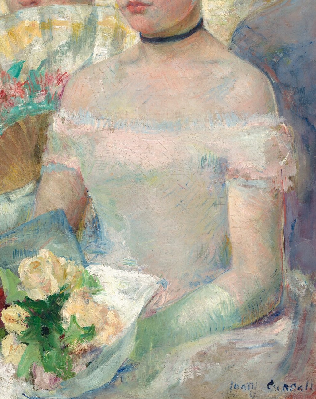 Cassatt renders the fabric with impressionistic brevity , a few warm and cool strokes convey satin , demonstrating her control of tonal economy.