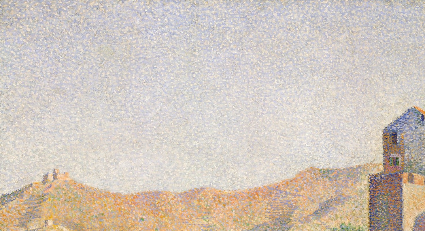 The ochre-gold hill rendered in warm broken strokes unifies the palette; close inspection reveals the hill is built entirely of distinct dabs with no blending, exposing the grid-like logic of pointillism.