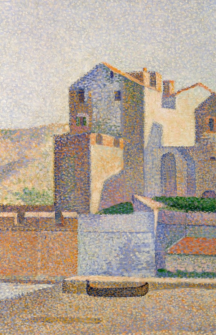The hulking medieval tower of Collioure's royal castle anchors the composition; its rough stone mass sets a contrast of permanence against the shimmering water, making it the visual fulcrum of the scene.