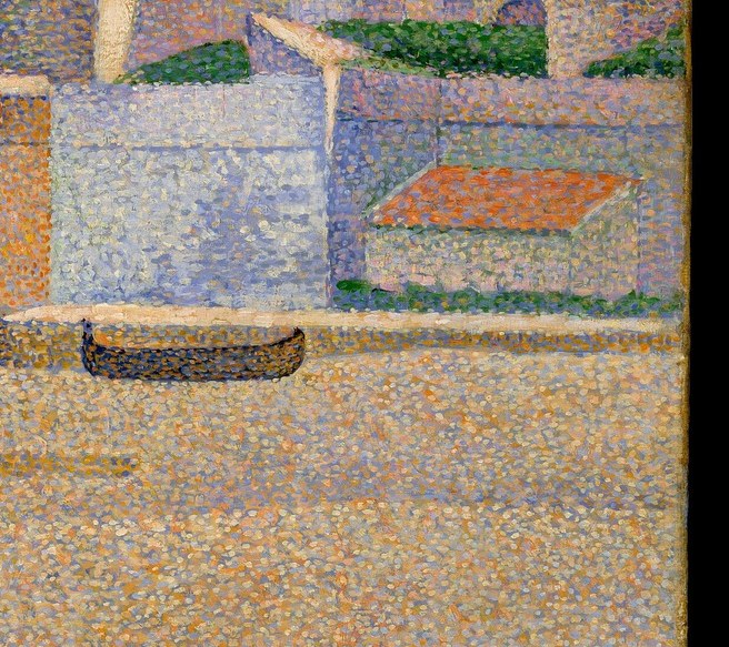 Its terracotta-orange hue provides the warmest note in the composition, a deliberate color complement to the cool blues of the water , a calculated chromatic pairing Signac would have studied from Seurat's color theory.