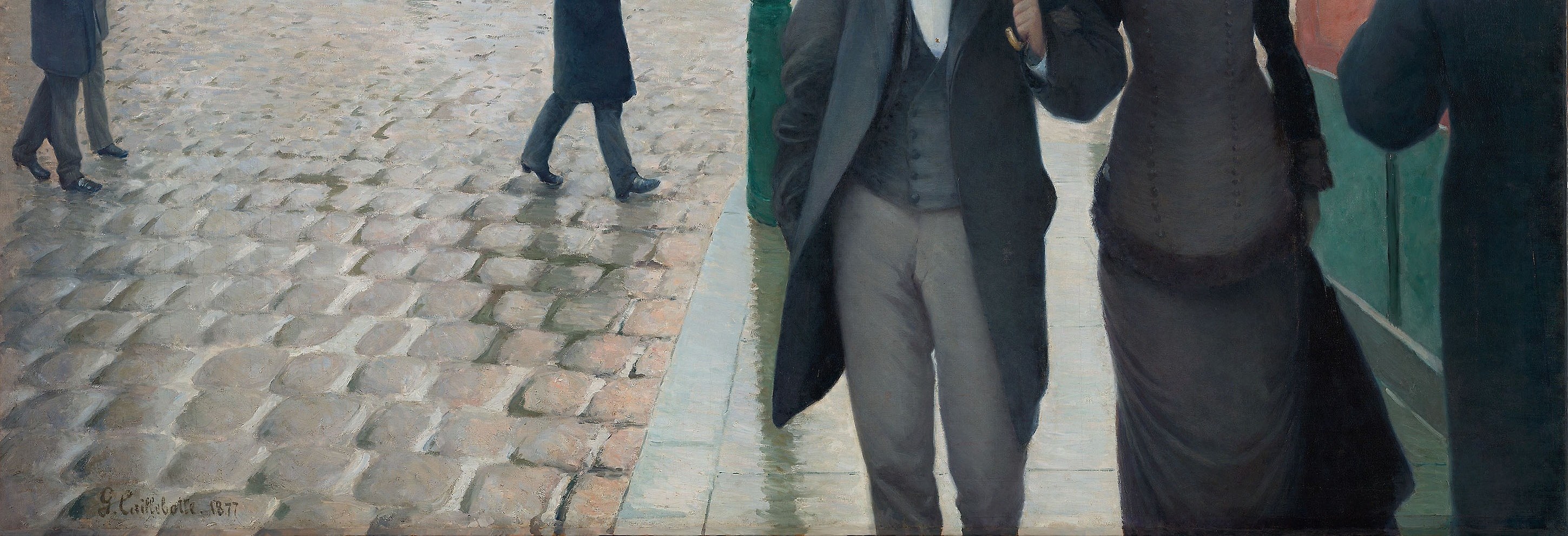 The painter chose a wet, dark street.