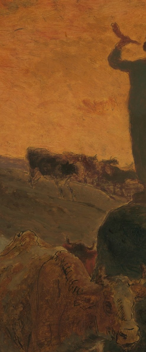 The painting's emotional anchor , dark silhouette erect against molten sky, posture conveying both labor and authority over the landscape.