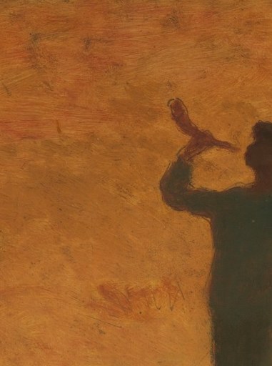 The painting's defining gesture: the bell of the horn breaks the skyline, the call made visible before it is heard.