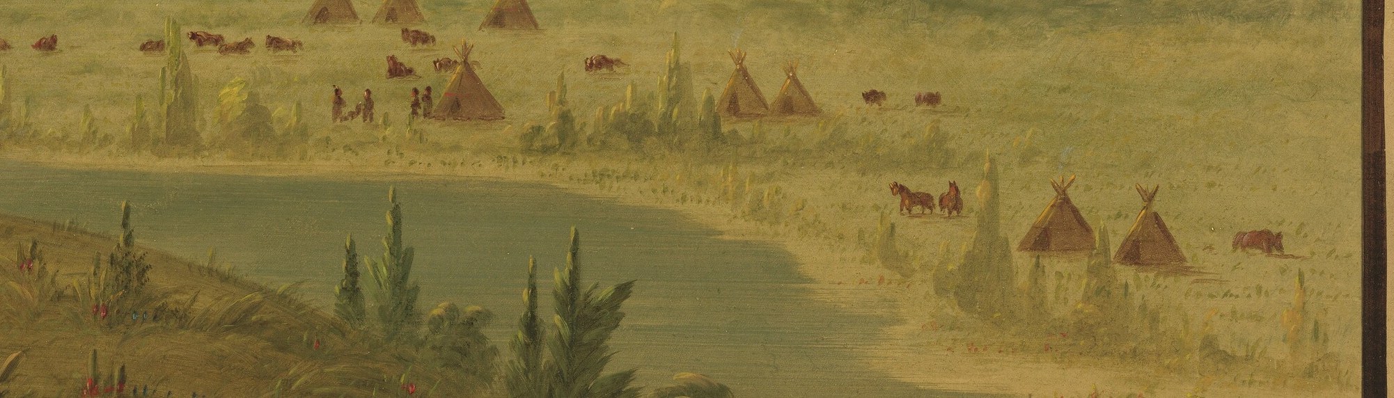 You see tipis along the river, and daily activity.