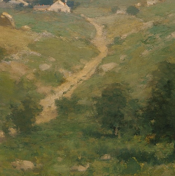 A winding dirt path draws the eye, leading into the depth of the painting.
