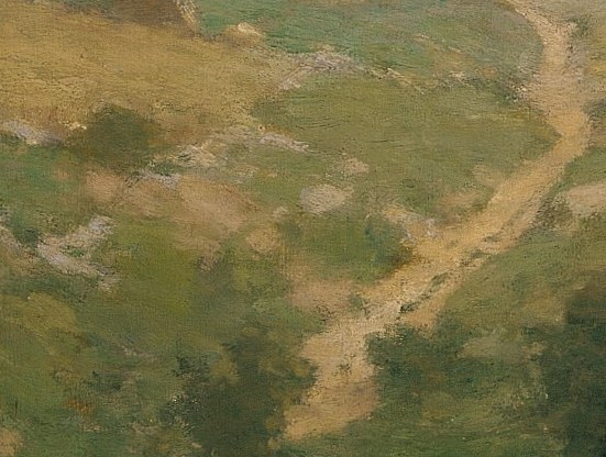 Short, visible brushstrokes create the texture of these rolling green fields.