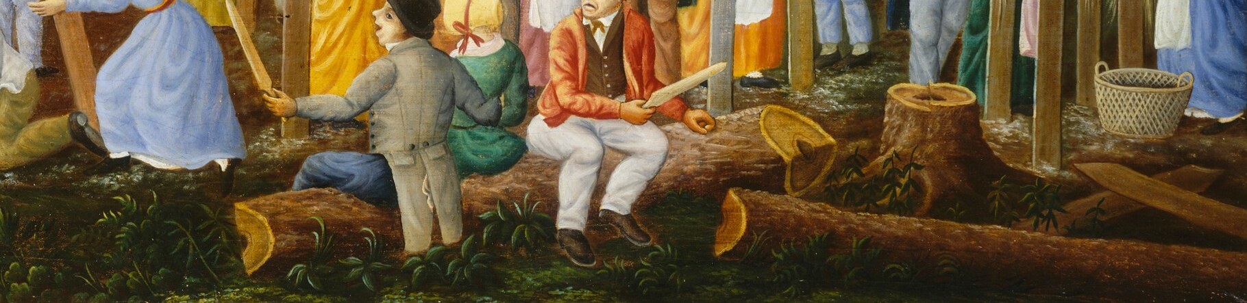 The painter worked on an unusual surface: bed ticking.