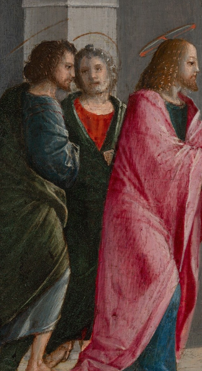 The most vivid color passage in the painting , the saturated pink-red in tempera is a technical feat and draws the eye as a compositional hub