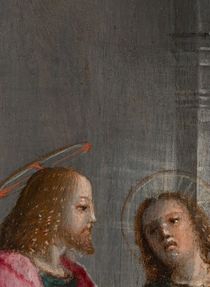 Peter's weathered face conveys attentive reception , his expression of earnest obedience contrasts with the younger John beside him