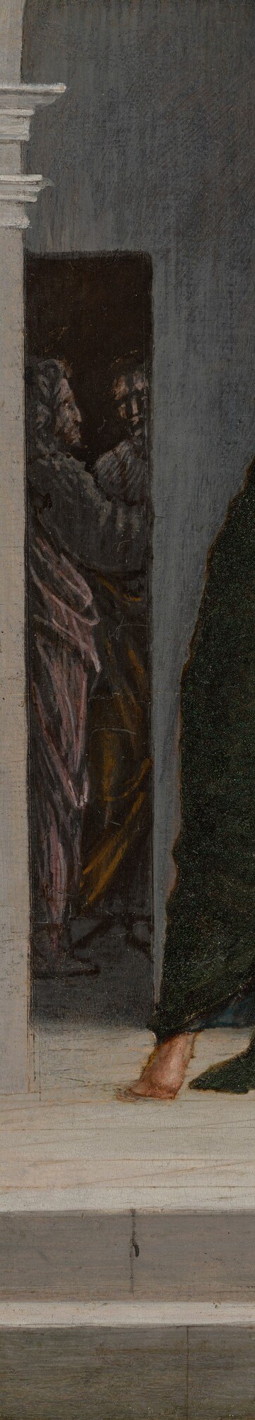 The architectural column anchors the composition in a classical space and establishes the setting as a public portico , contextualizing where this pre-Passover exchange occurs