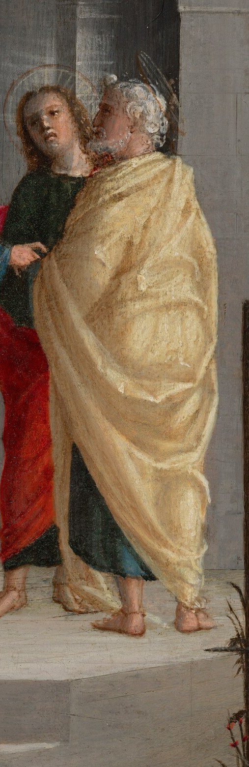 The warm ochre drapery anchors the right edge; the figure's slight turn away creates a closed-group feeling, containing the intimate instruction scene
