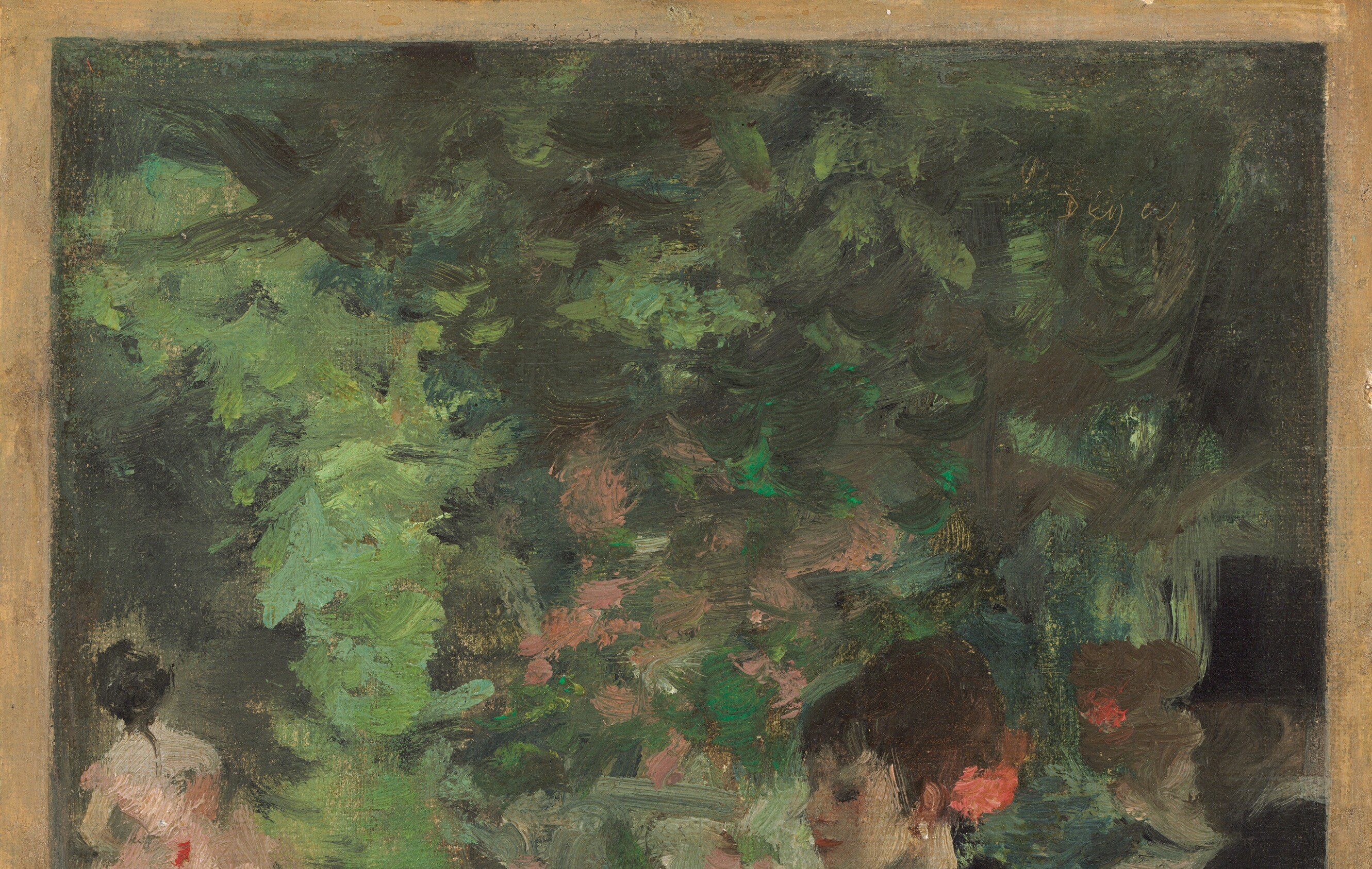The lush, dark greenery creates a sense of depth and suggests an outdoor or backstage setting, contrasting with the dancers.