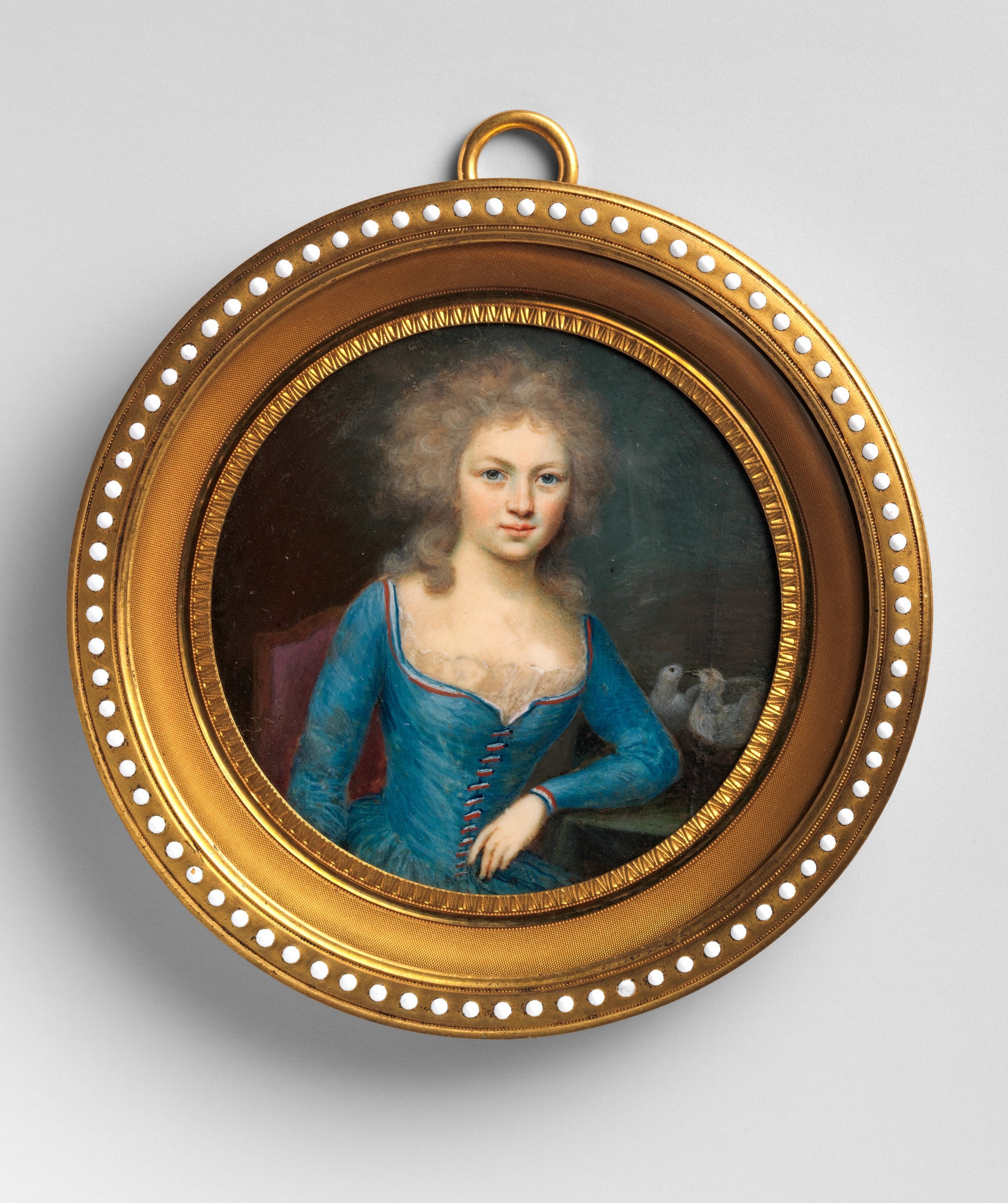 The oval/circle is unusual , at this scale it forces the painter to compose within a shape that resists conventional portrait framing, a constraint that shapes every other decision.
