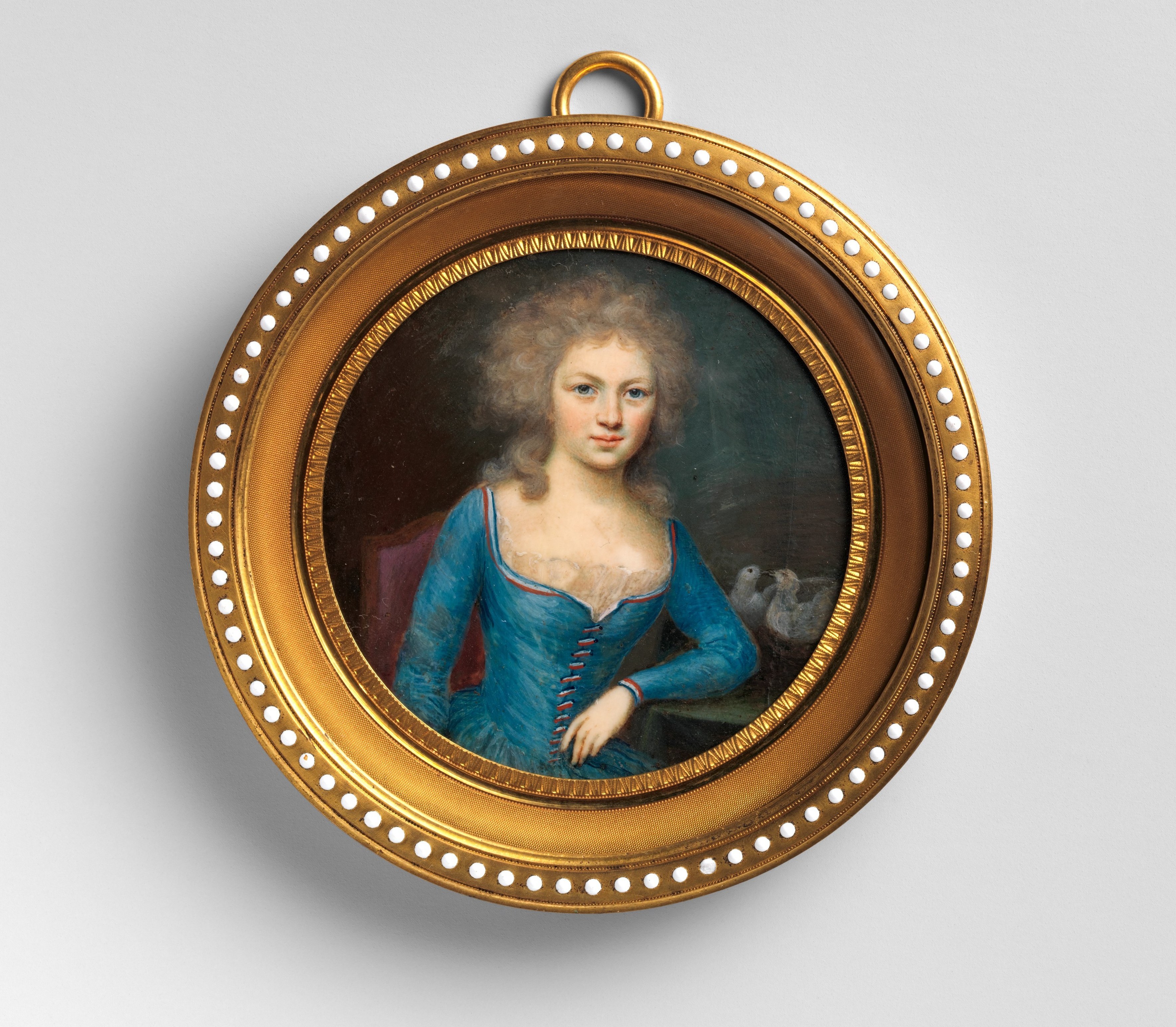 The punched-dot border is a signature of high-end miniature frames of this period; it frames the image physically the same way the dark background frames the figure , concentric containment.