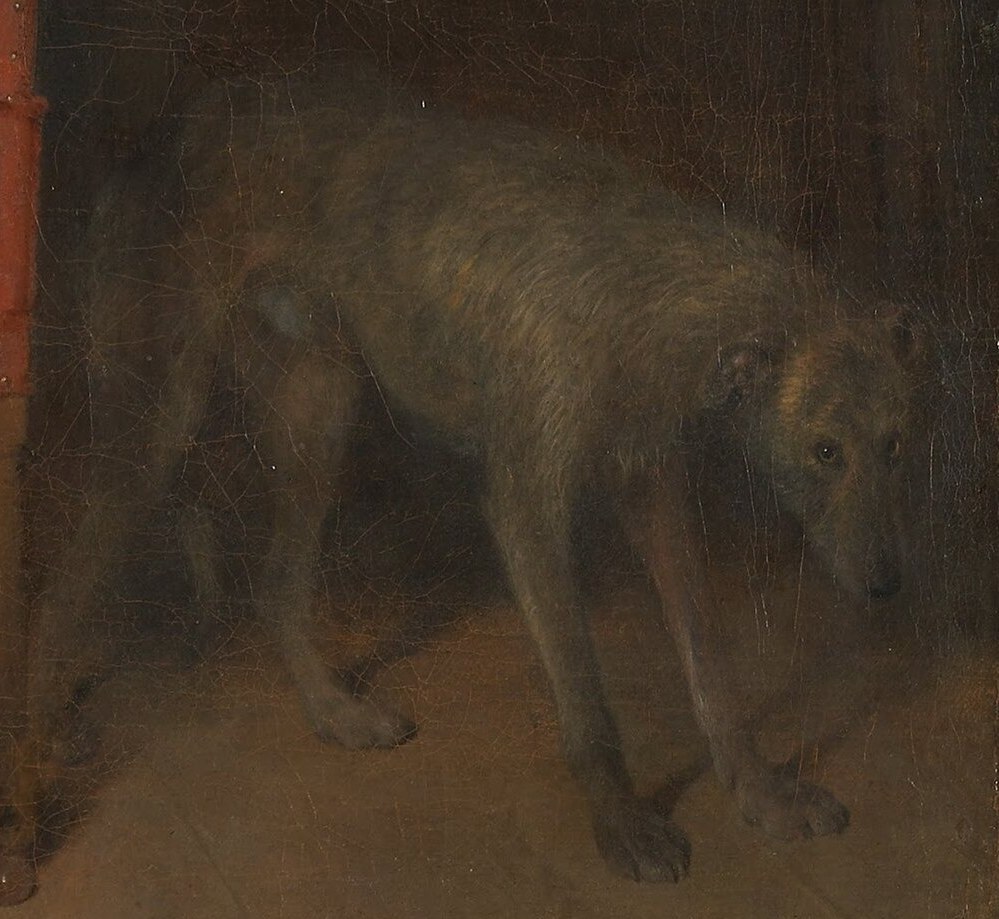 A dog watches from the right side.