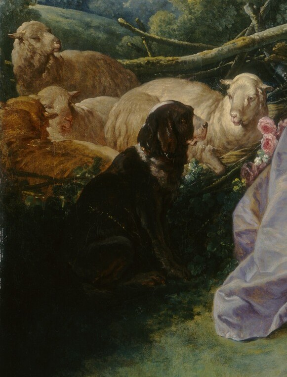Standard pastoral signifier coding the scene as Arcadian; sheep also carry emblematic weight as symbols of innocent love tended by an unseen shepherd