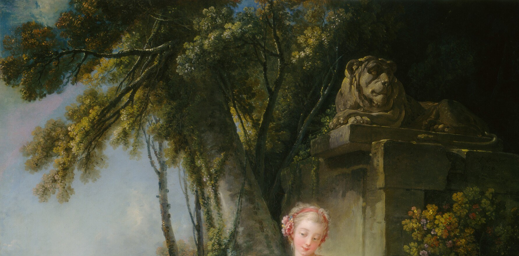 Boucher's foliage dissolves into warm golden light at the edges; it acts as a natural proscenium arch theatrically framing the intimate exchange below