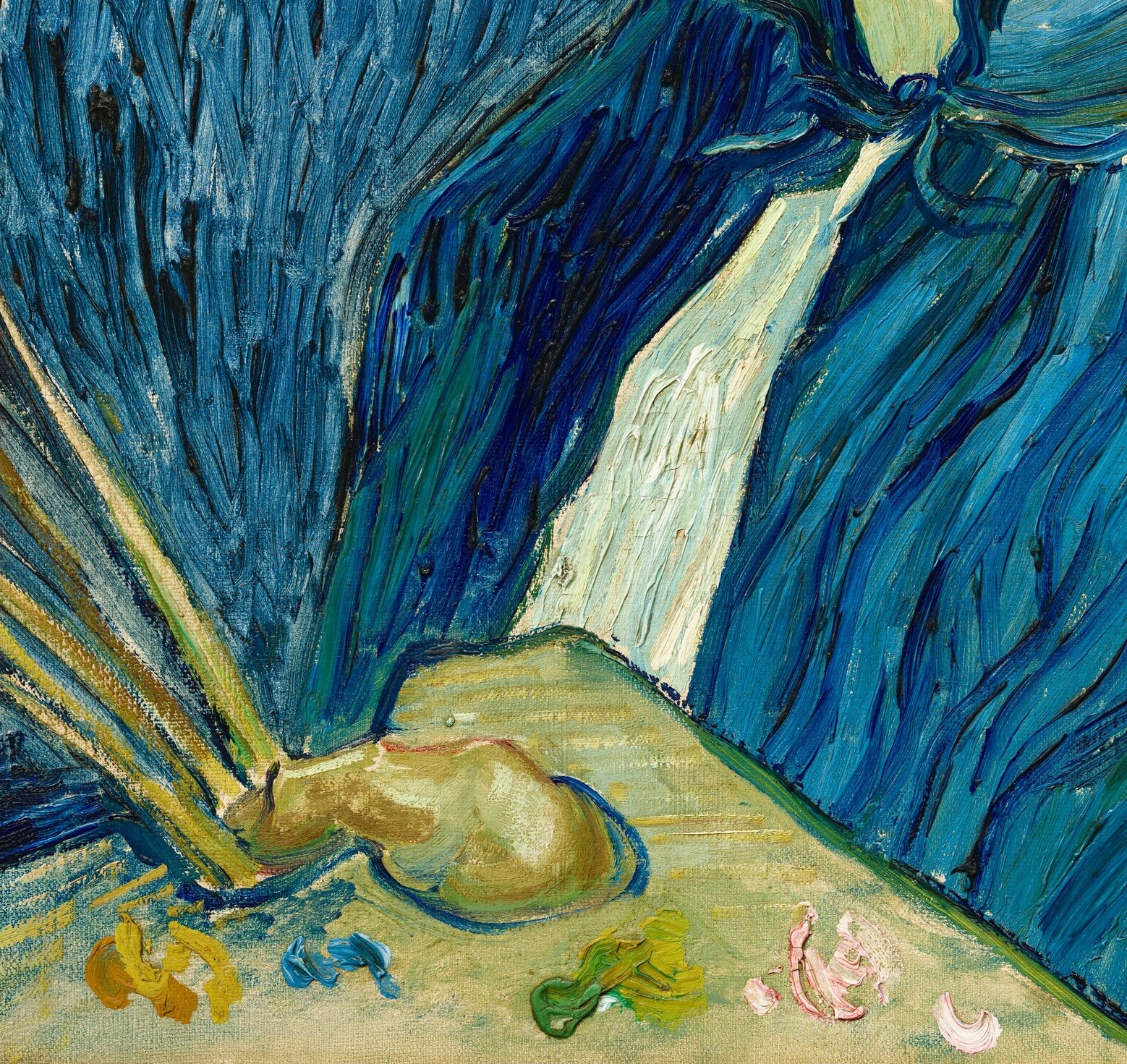 The palette announces his identity as artist; the dabs of color on it echo the painting's own surface, creating a self-referential loop.