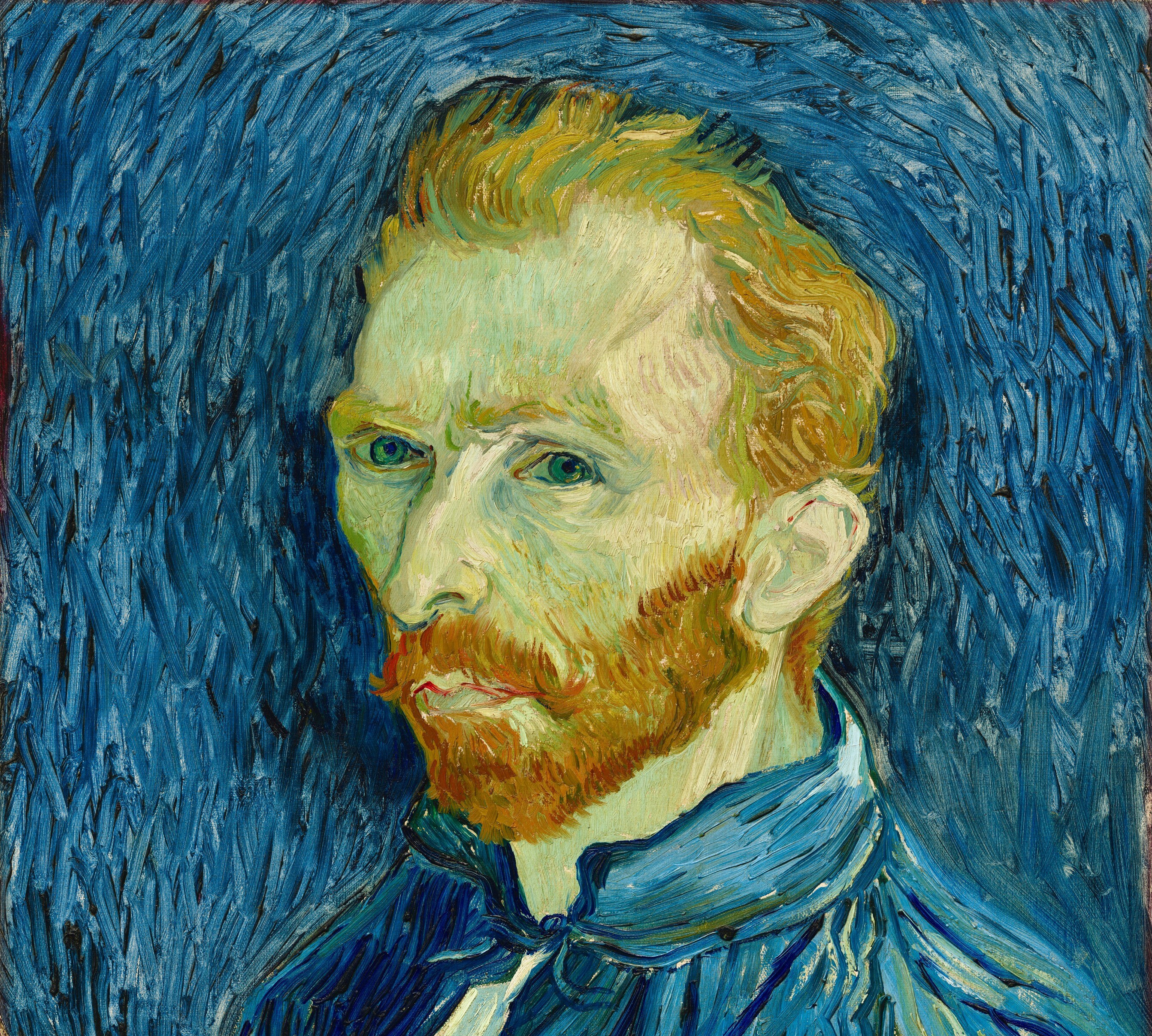 The background is not empty , its undulating brushwork moves like wind or water, suggesting an agitated psychic atmosphere rather than a neutral studio wall.