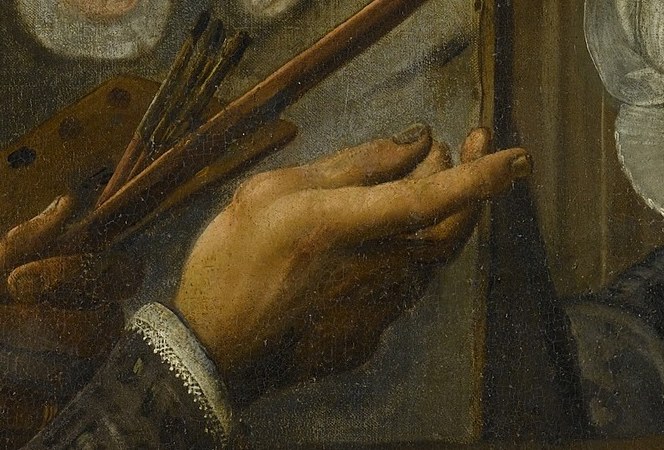 These tools of his trade are central to the narrative, showing the act of creation in progress and the artist's engagement with his work.