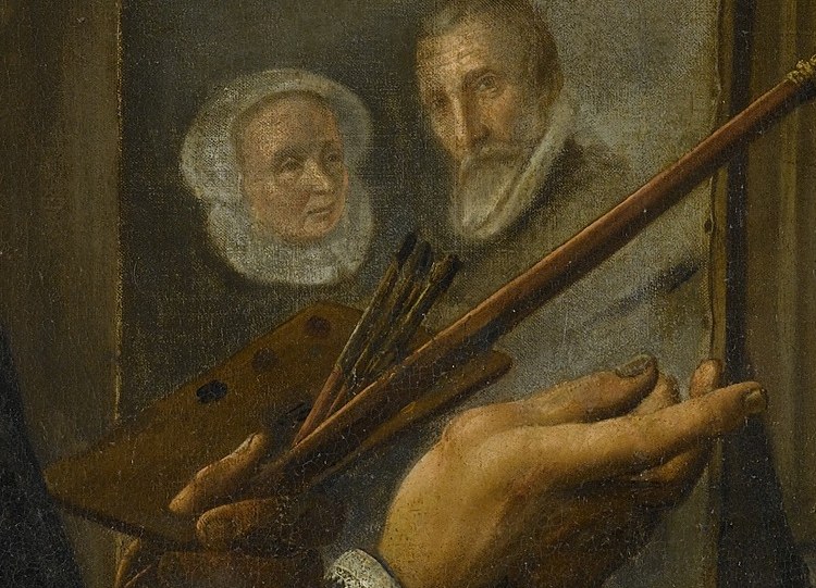 He is painting the portrait of this couple.