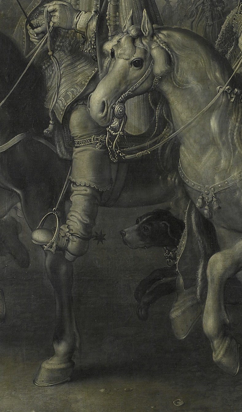 The powerful musculature and alert posture of the horse emphasize the rider's command.