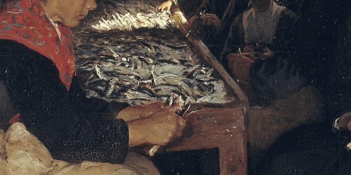 The shimmering scales of the fish create a striking visual texture and highlight the raw material of the workers' efforts.
