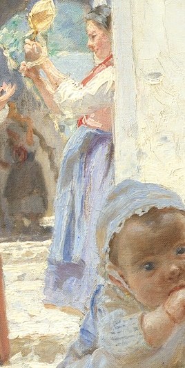 Look closely at the woman in the blue dress.
