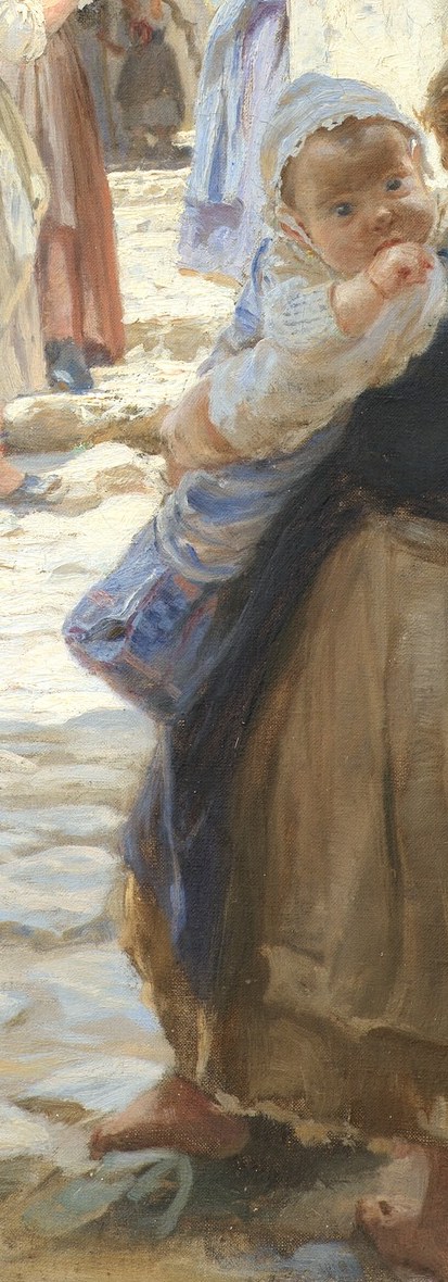 The baby's wide-eyed gaze and the protective posture of the woman create a tender, intimate moment.
