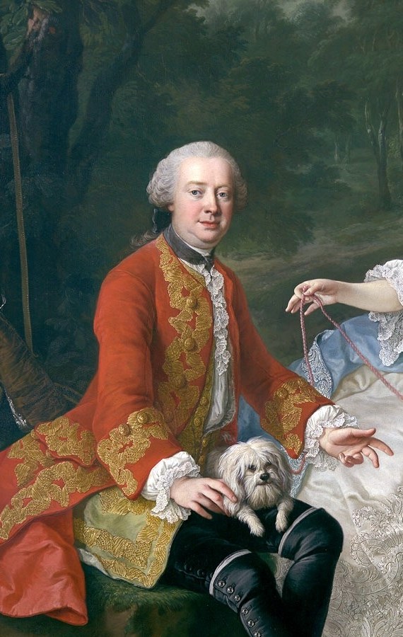 The vivid red is the painting's dominant color anchor; the gold trim marks this as theatrical costume rather than functional hunting wear, underlining the 'guise' in the title.