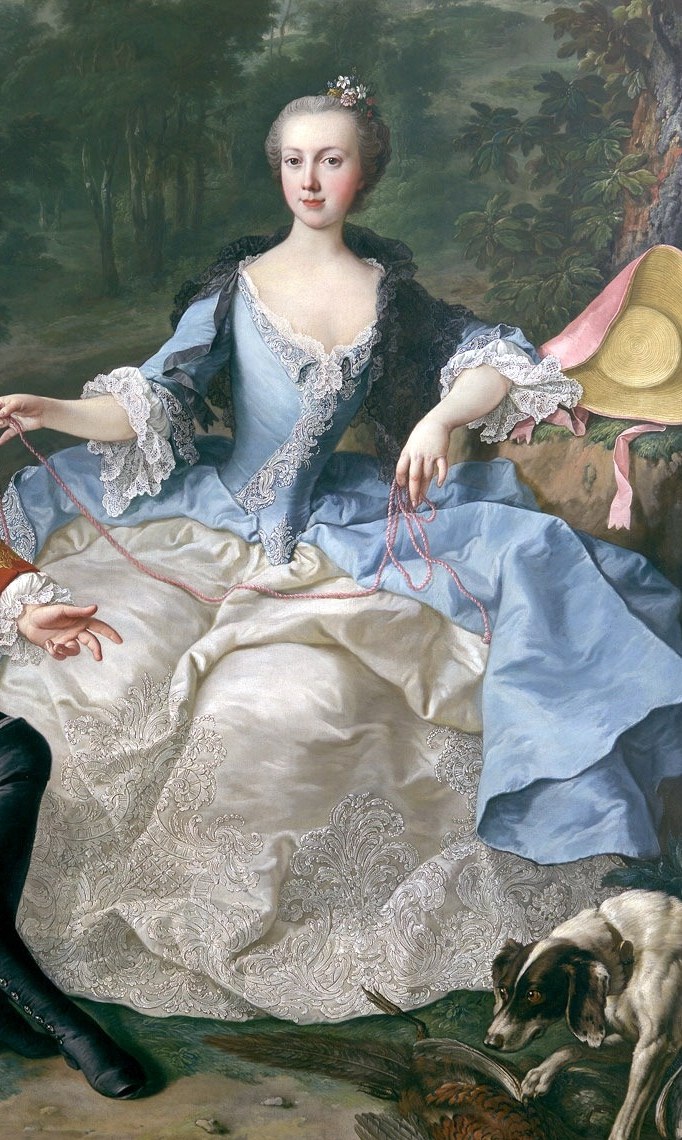 Van Meytens's technical showpiece , the cascading folds of blue silk against white lace demonstrate his virtuosity in rendering fabric texture and light.