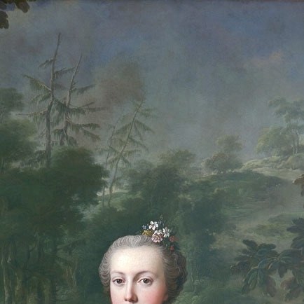 Her soft, slightly turned gaze and delicate lace cap give the painting its emotional warmth; reading her expression against his formality tells the couple's dynamic.