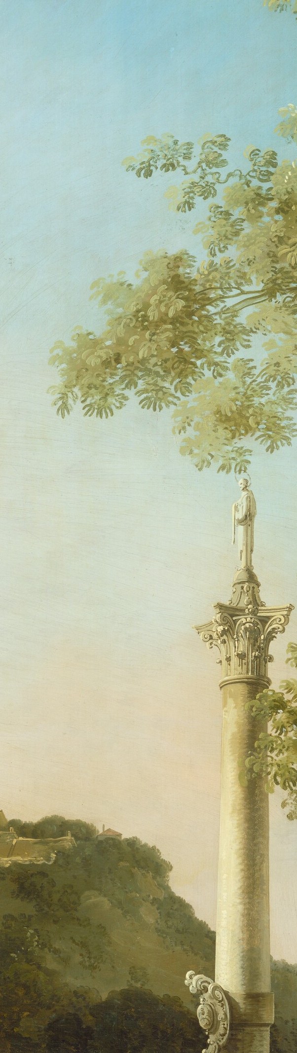 The title subject and compositional axis , a capriccio invention combining Roman triumph imagery with an English pastoral setting, raising the question of what victory it commemorates