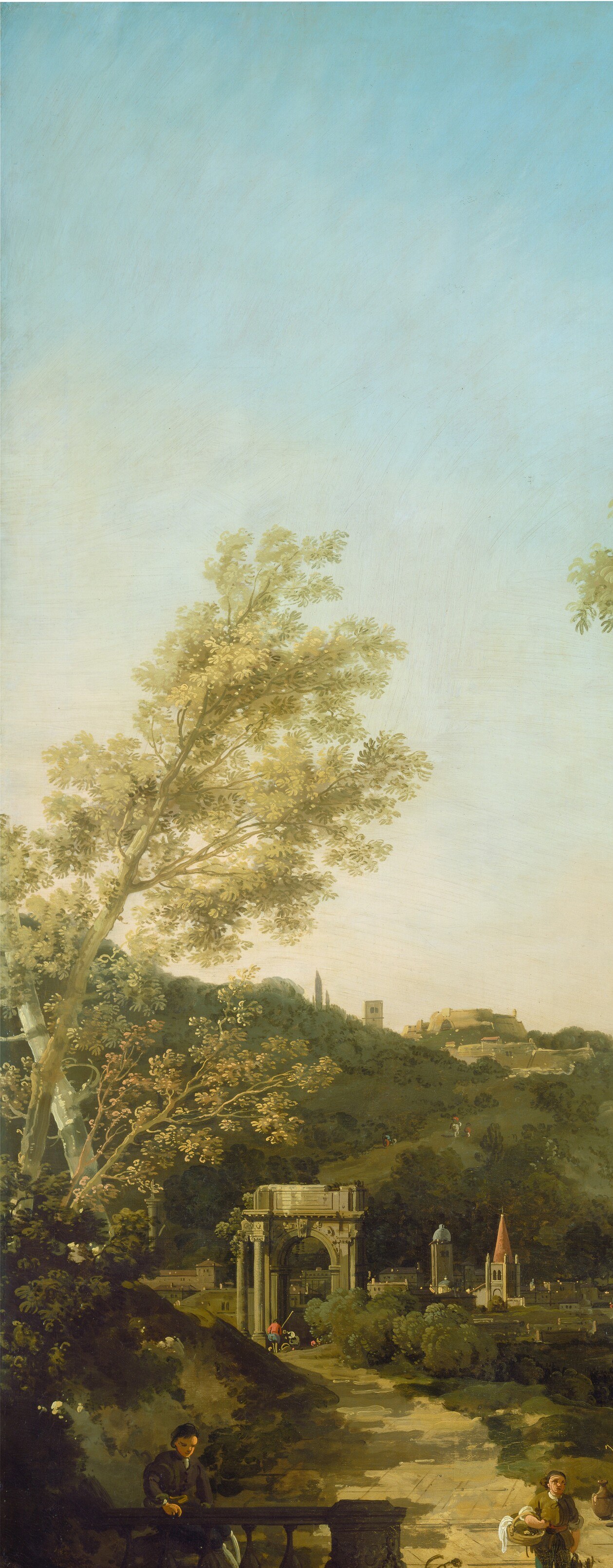 A repoussoir framing device , its gnarled bark and layered foliage show Canaletto translating his vedute precision into English naturalism